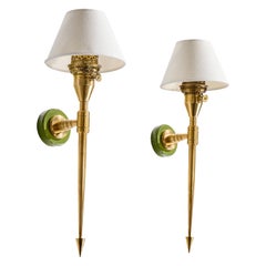 French Designer, Wall Lights, Brass, Metal, Fabric, France, 1950s