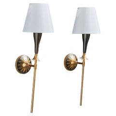 French Designer, Wall Lights, Brass, Metal, Fabric, France, 1950s