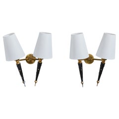 French Designer, Wall Lights, Brass, Metal, Fabric, France, 1950s