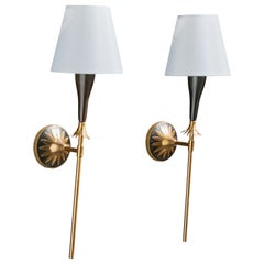 Design francese, lampade da parete, ottone, metallo, tessuto, Francia, anni '1950