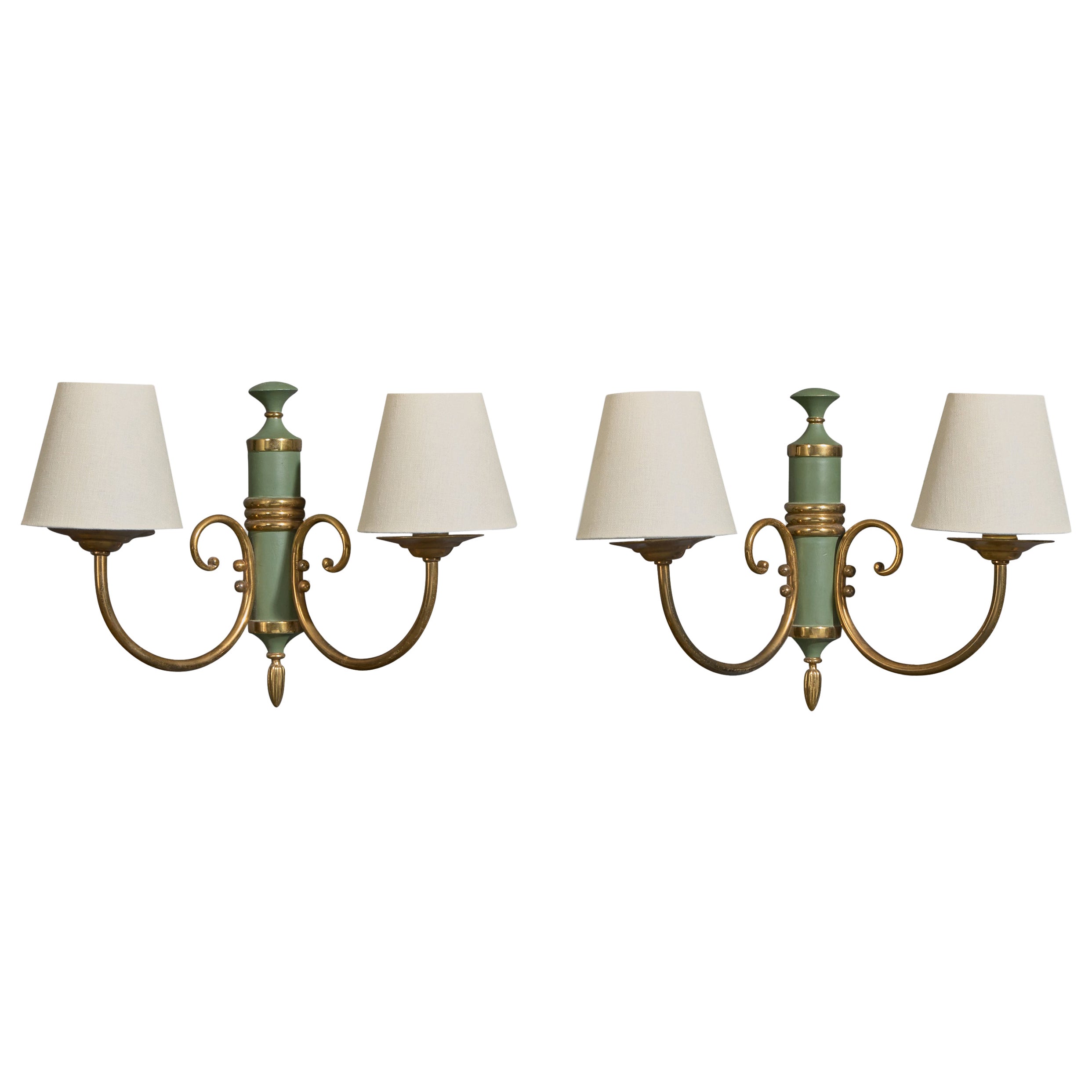French Designer, Wall Lights, Brass, Metal, Fabric, France, 1950s