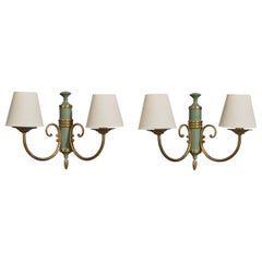 French Designer, Wall Lights, Brass, Metal, Fabric, France, 1950s