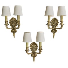 French Designer, Wall Lights, Brass, Metal, Fabric, France, 1950s