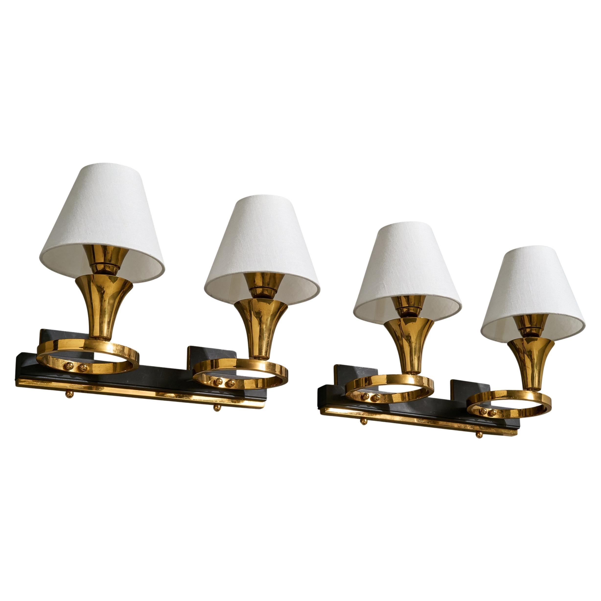 French Designer, Wall Lights, Brass, Metal, Fabric, France, 1950s
