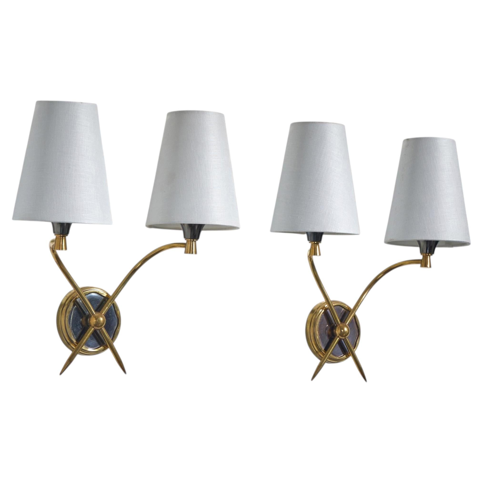 French Designer, Wall Lights, Brass, Metal, Fabric, France, 1950s