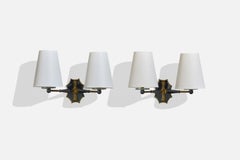 French Designer, Wall Lights, Brass, Metal, Glass, Fabric, France, 1950s