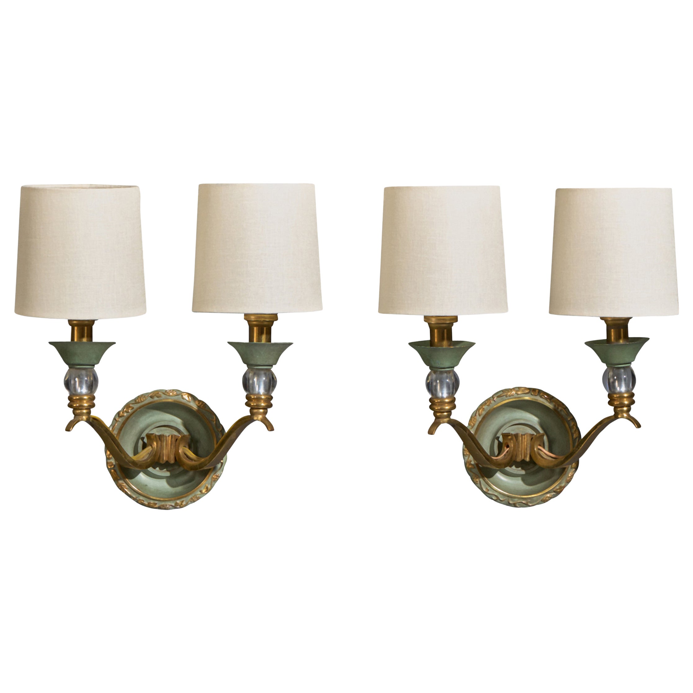 French Designer, Wall Lights, Brass, Metal, Glass, Fabric, France, 1950s