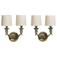 Design francese, lampade da parete, ottone, metallo, vetro, tessuto, Francia, anni '50