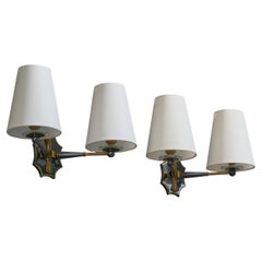 French Designer, Wall Lights, Brass, Metal, Glass, Fabric, France, 1950s