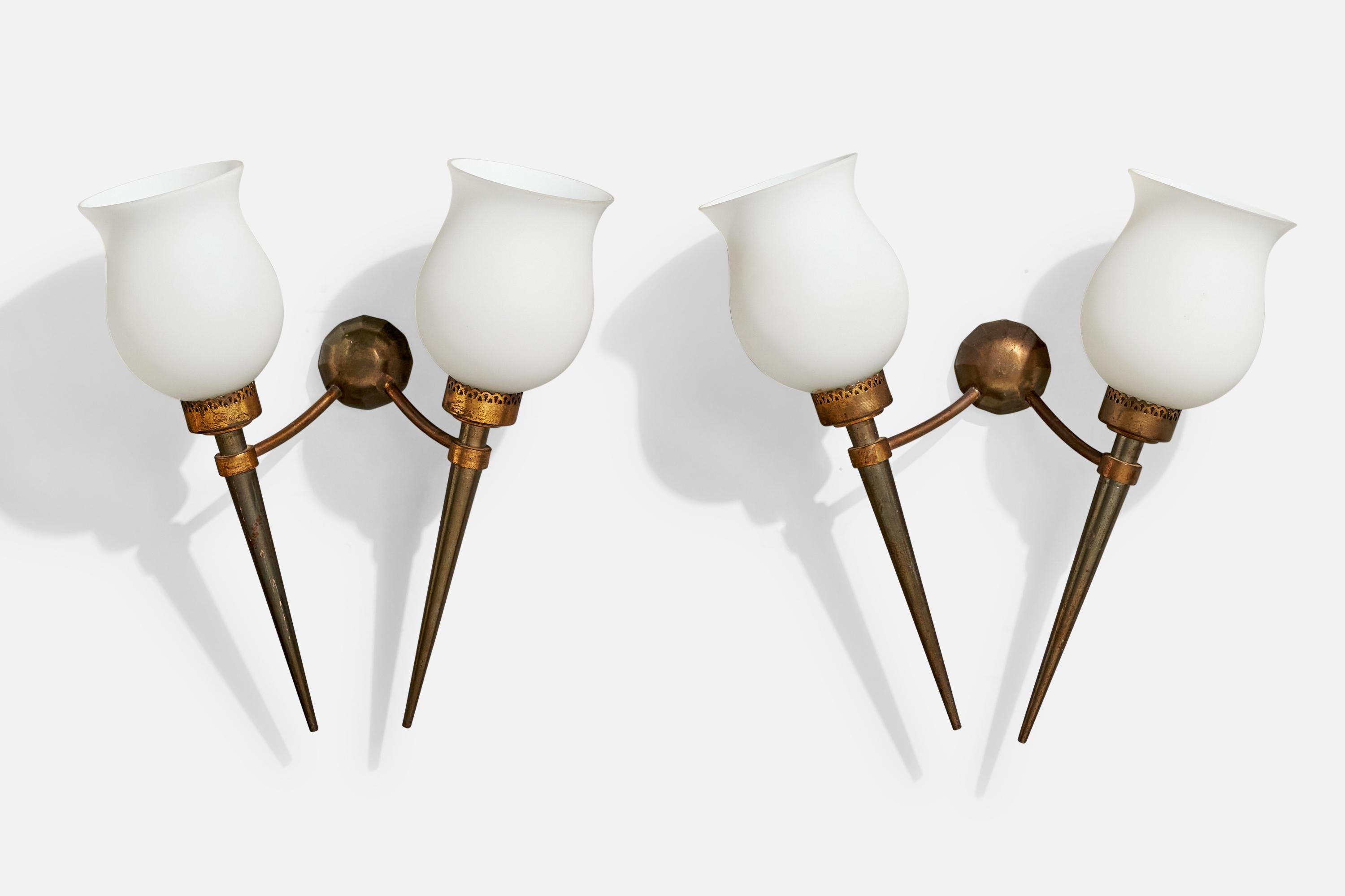 A pair of brass, metal and white opaline glass wall lights designed and produced in France, c. 1940s.

Overall Dimensions (Inches): 14” H x 13.75” W x 5.75“ D

Back Plate Dimensions (Inches): 2.3” H x 2.3“ W x 1.15” D

Bulb Specifications: