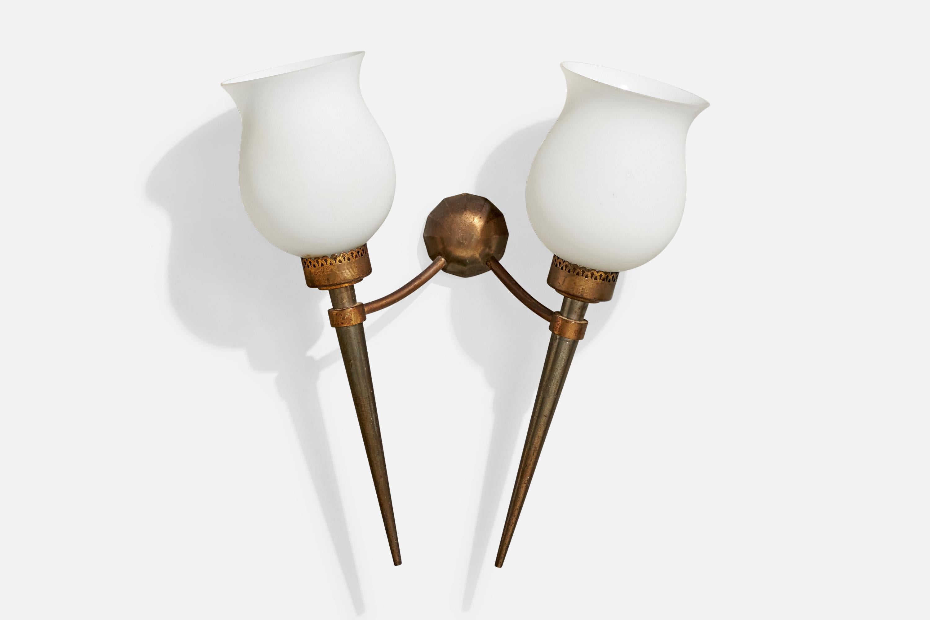 Mid-20th Century French Designer, Wall Lights, Brass, Metal, Glass, France, 1940s For Sale