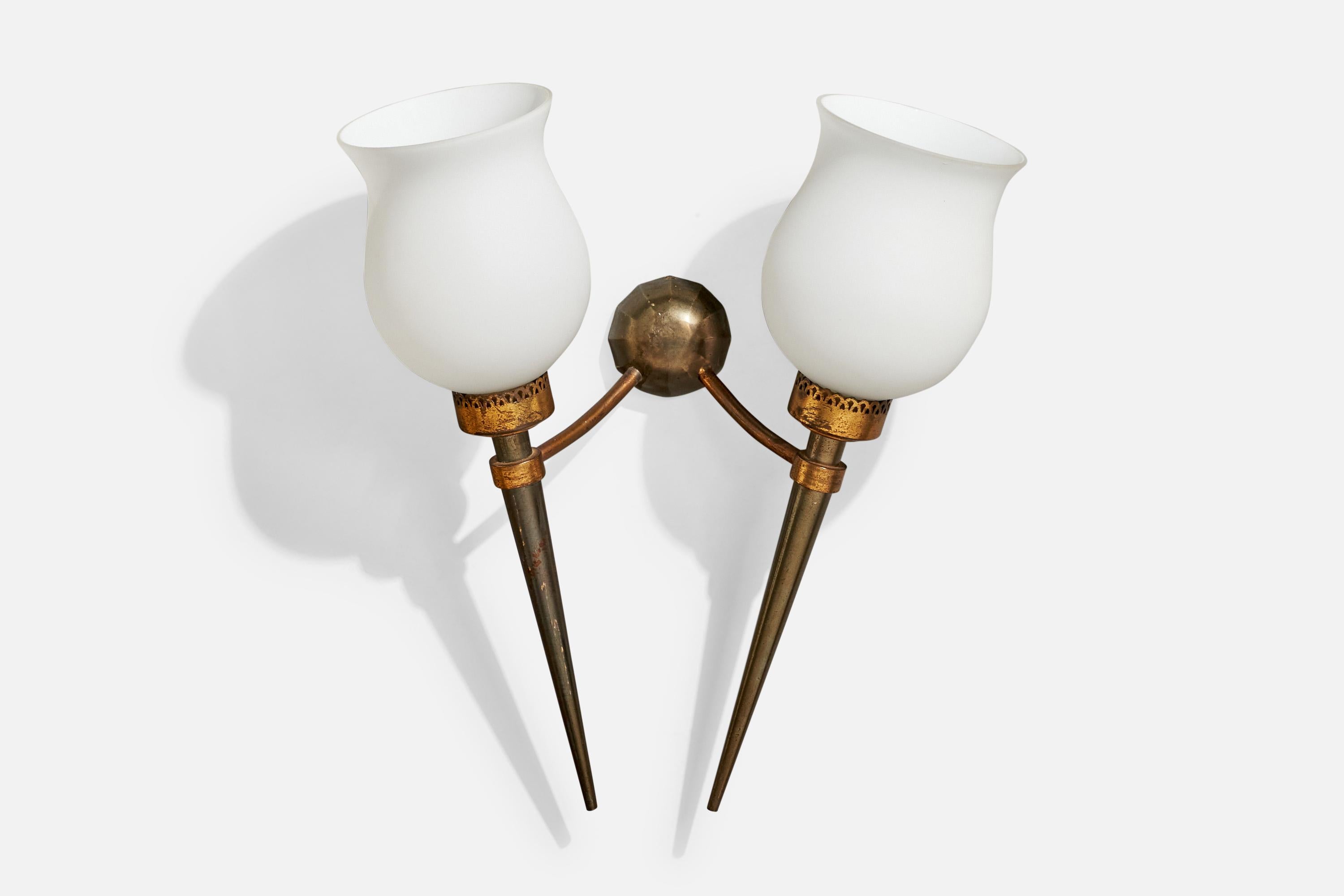 French Designer, Wall Lights, Brass, Metal, Glass, France, 1940s For Sale 1