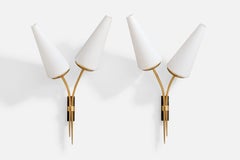 French Designer, Wall Lights, Brass, Metal, Glass, France, 1950s