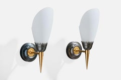 French Designer, Wall Lights, Brass, Metal, Glass, France, 1950s