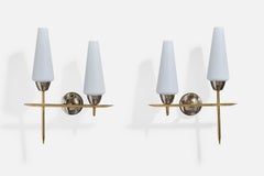 French Designer, Wall Lights, Brass, Metal, Glass, France, 1950s
