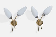 French Designer, Wall Lights, Brass, Metal, Glass, France, 1950s