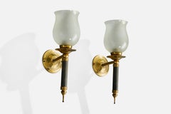 French Designer, Wall Lights, Brass, Metal, Glass, France, 1950s