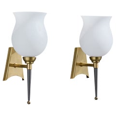 French Designer, Wall Lights, Brass, Metal, Glass, France, 1950s