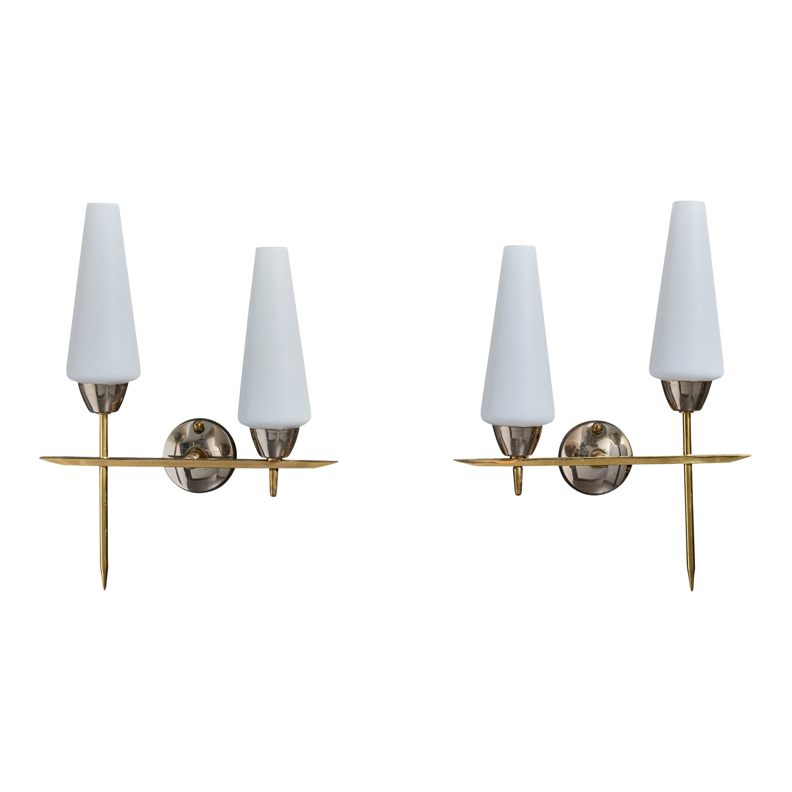 Designer francese, lampade da parete, ottone, metallo, vetro, Francia, anni '50