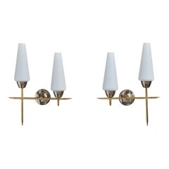 Designer francese, lampade da parete, ottone, metallo, vetro, Francia, anni '50