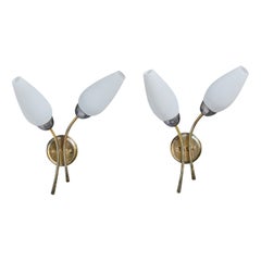 French Designer, Wall Lights, Brass, Metal, Glass, France, 1950s