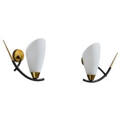 French Designer, Wall Lights, Brass, Metal, Glass, France, 1950s