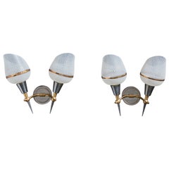 Designer francese, lampade da parete, ottone, metallo, vetro, Francia, anni '50