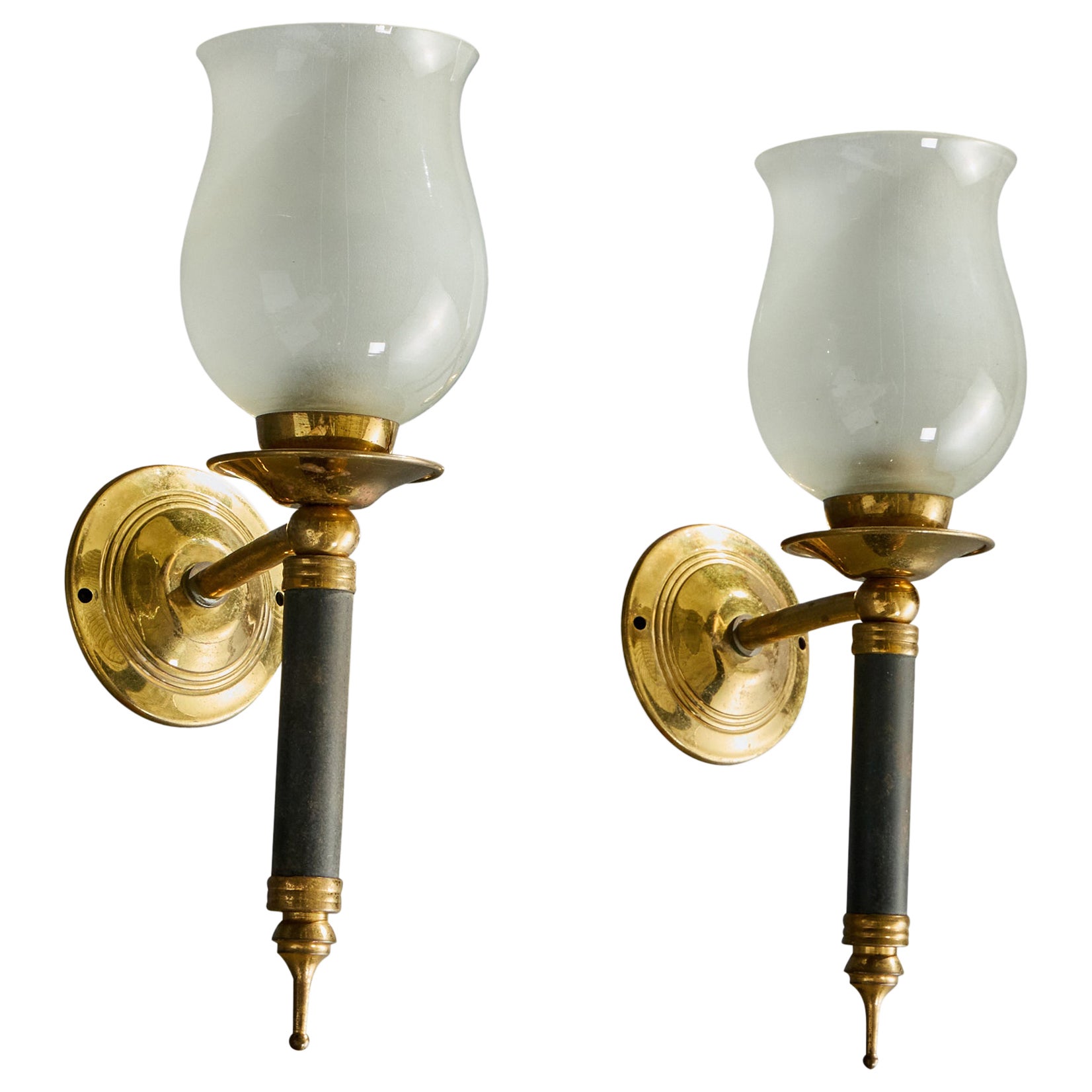 French Designer, Wall Lights, Brass, Metal, Glass, France, 1950s