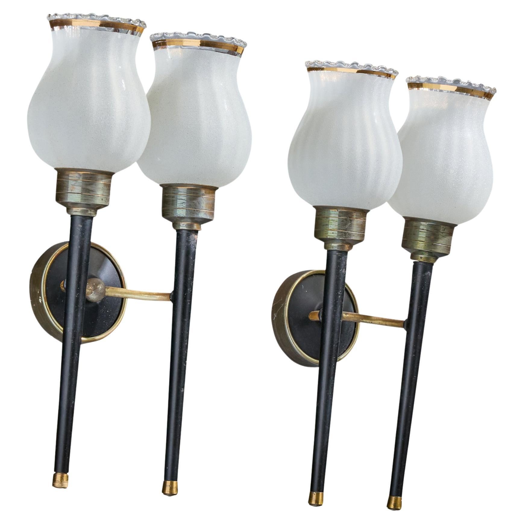 French Designer, Wall Lights, Brass, Metal, Glass, France, 1950s