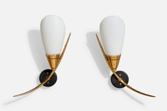 French Designer, Wall Lights, Brass, Metal, Glass, France, 1960s