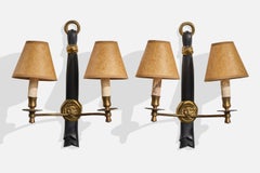 French Designer, Wall Lights, Brass, Metal, Paper, France, 1950s
