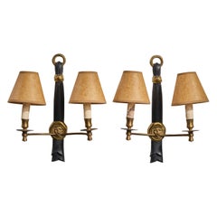 French Designer, Wall Lights, Brass, Metal, Paper, France, 1950s