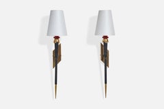 French Designer, Wall Lights, Brass, Metal, Plastic, Fabric, France, 1960s