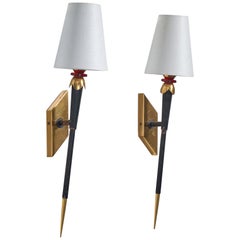 French Designer, Wall Lights, Brass, Metal, Plastic, Fabric, France, 1960s