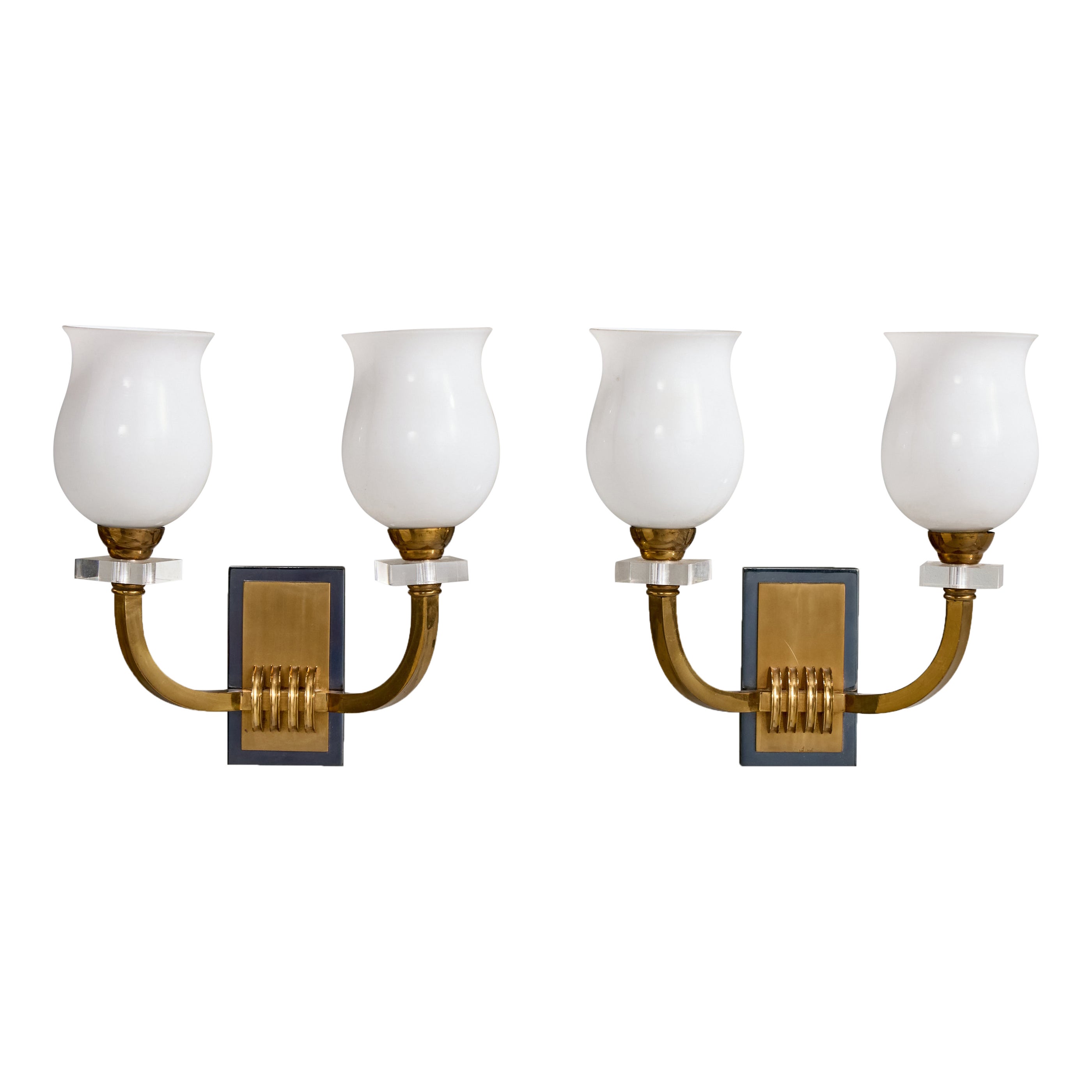 French Designer, Wall Lights, Brass, Metal, Plexiglass, Glass, France, 1950s