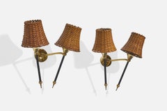 French Designer, Wall Lights, Brass, Metal, Rattan, France, 1960s