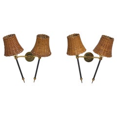 French Designer, Wall Lights, Brass, Metal, Rattan, France, 1960s