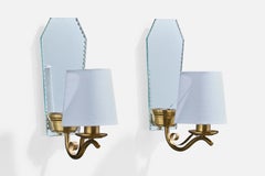 Designer français, appliques, laiton, miroir, tissu, France, années 1950