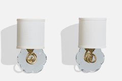 French Designer, Wall Lights, Brass, Mirror, Fabric, France, 1950s