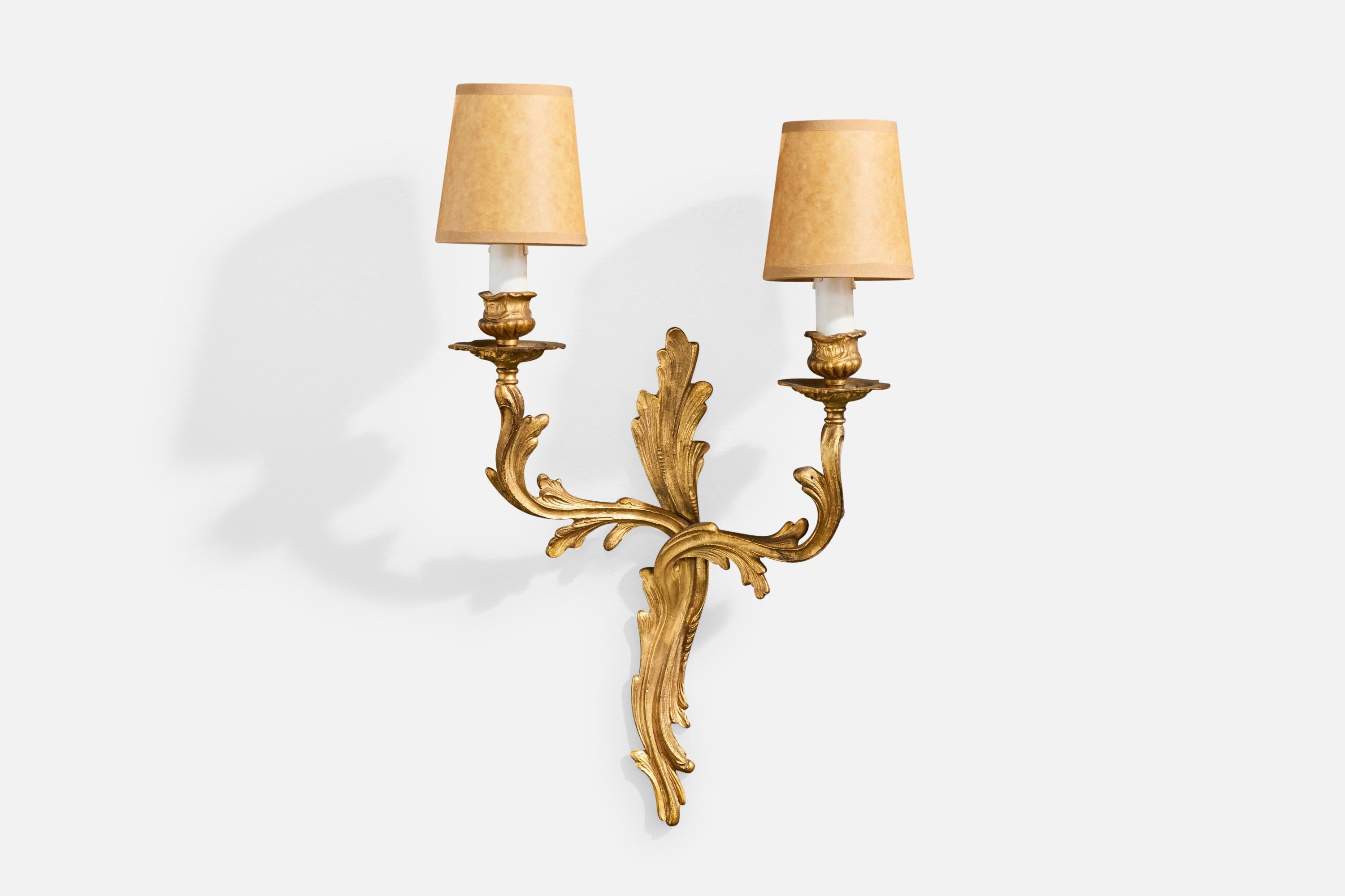 Mid-20th Century French Designer, Wall Lights, Brass, Parchment Paper, France, 1950s For Sale