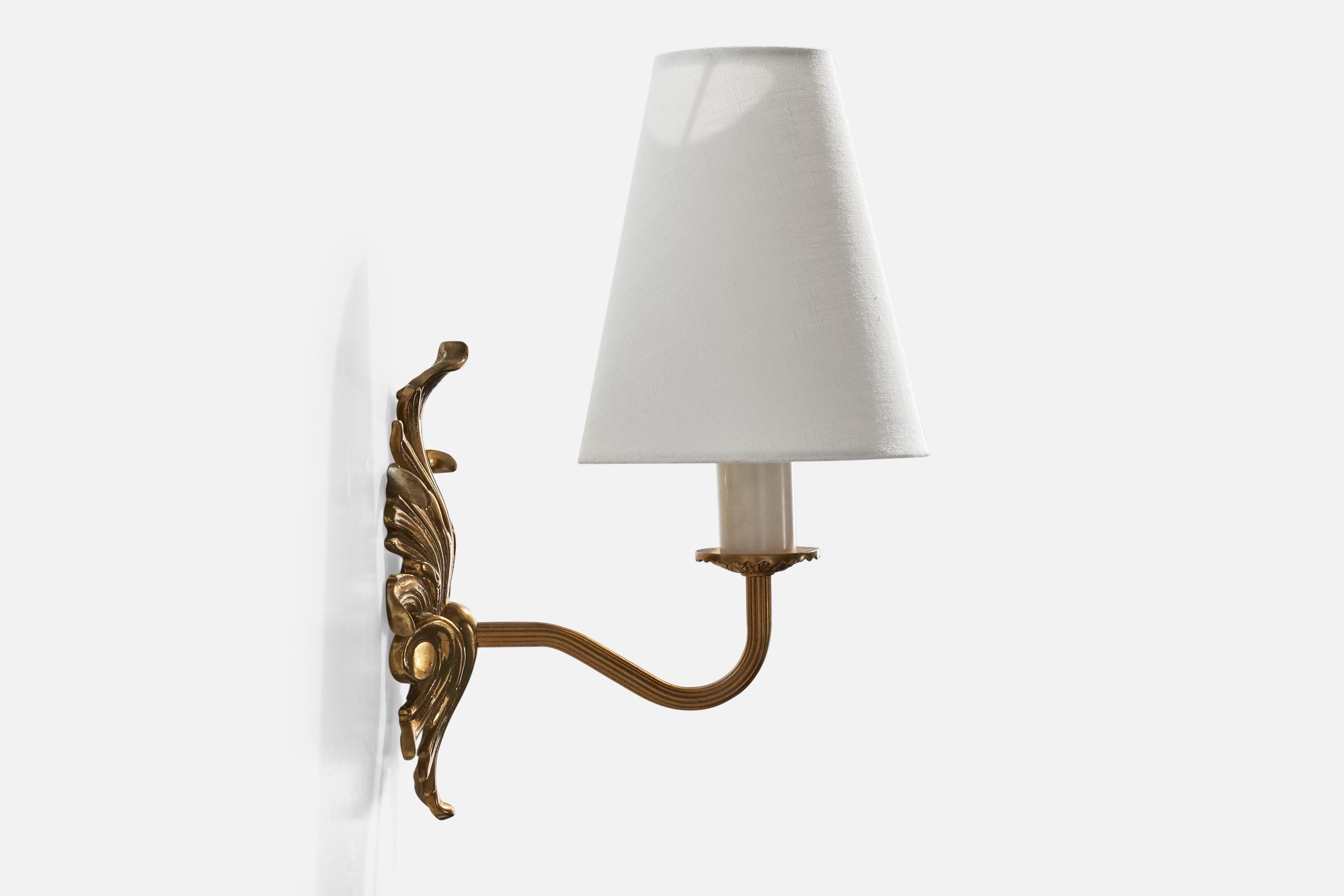 French Designer, Wall Lights, Brass, Plastic, Fabric, France, 1950s For Sale 1