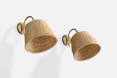 French Designer, Wall Lights, Brass, Rattan, France, 1950s