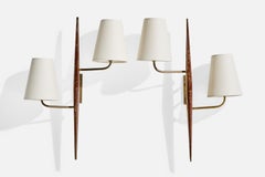 French Designer, Wall Lights, Brass, Wood, Fabric, France, 1950s