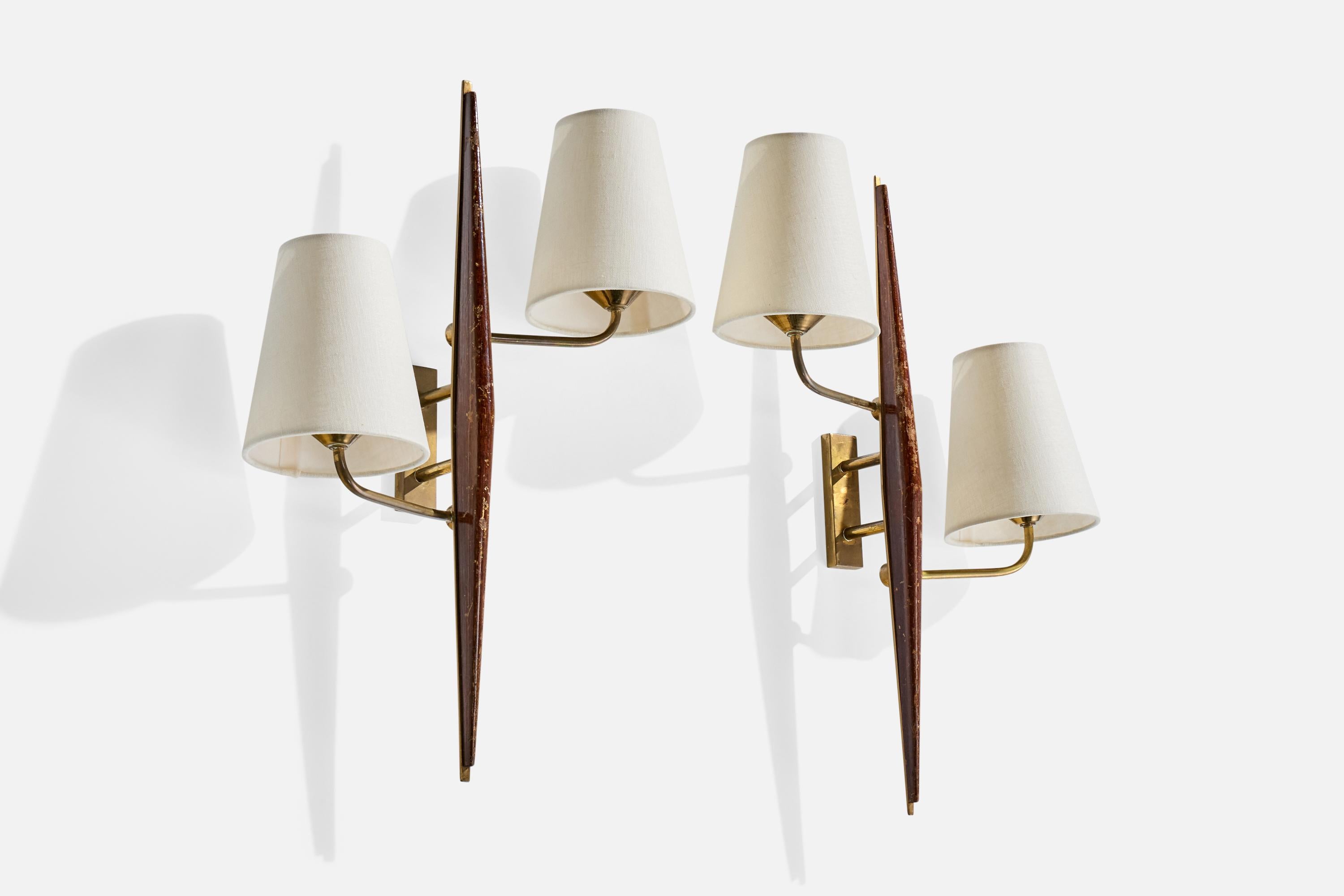 Mid-Century Modern Design-Light français, laiton, Wood, tissu, France, années 1950 en vente