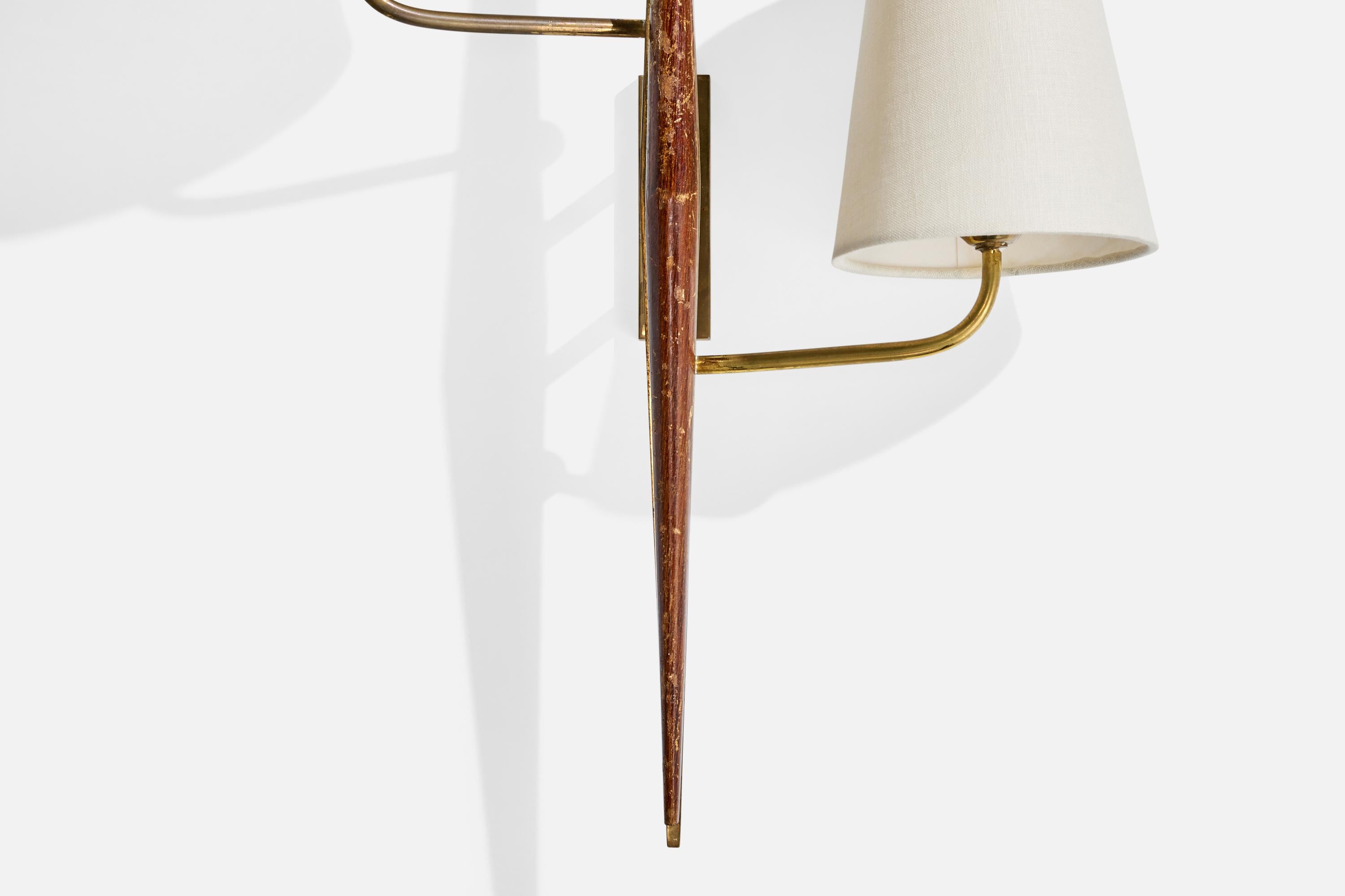 Laiton Design-Light français, laiton, Wood, tissu, France, années 1950 en vente