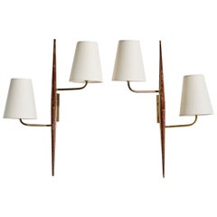 Design-Light français, laiton, Wood, tissu, France, années 1950