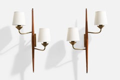 French Designer, Wall Lights, Brass, Wood, Fabric, Sweden, 1950s