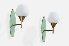 French Designer, Wall Lights, Brass, Wood, Glass, France, 1950s