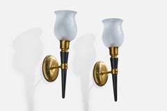 French Designer, Wall Lights, Brass, Wood, Glass, France, 1950s