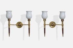 French Designer, Wall Lights, Brass, Wood, Glass, France, 1950s